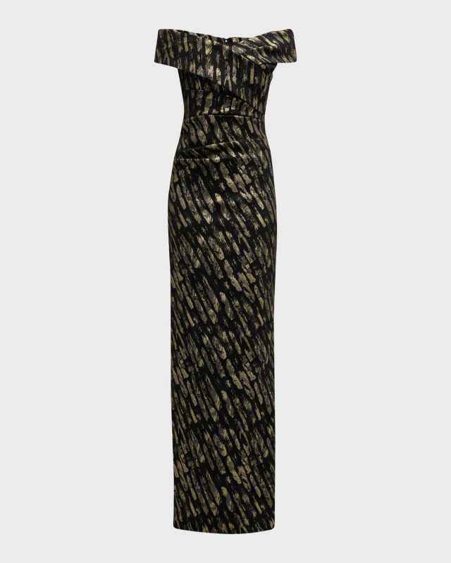 Off-Shoulder Brushstroke Jacquard Column Gown